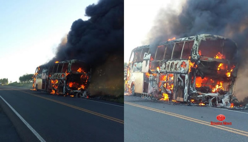 ônibus de turismo pega fogo na BR-101