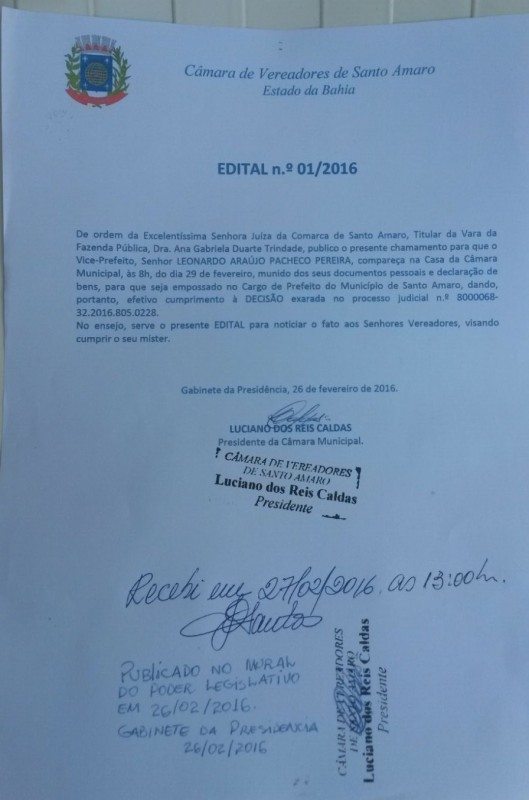 Com afastamento do prefeito de Santo Amaro, vice assume nesta segunda-feira