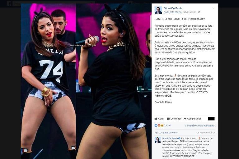 Vereador evangélico chama Anitta de ‘vagabunda de 5ª’: ‘Cantora ou garota de programa?’