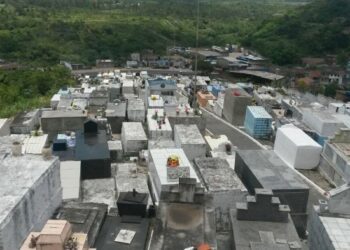 Em momento de limpeza do cemitério de Candeias, mulher filma ossos em saco plástico